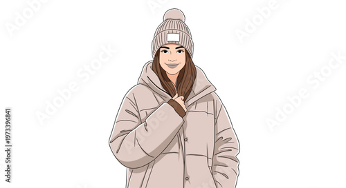 Fashionable young woman wearing beige puffer winter jacket and knitted beanie hat looking at camera on white background.