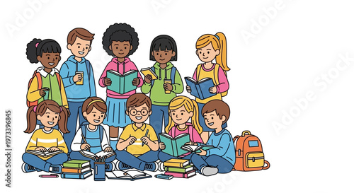 Diverse group of children reading books together happily 3.