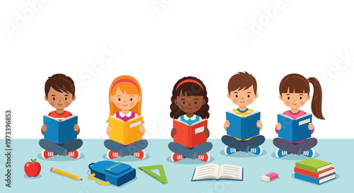 Diverse group of children reading books together happily 4.