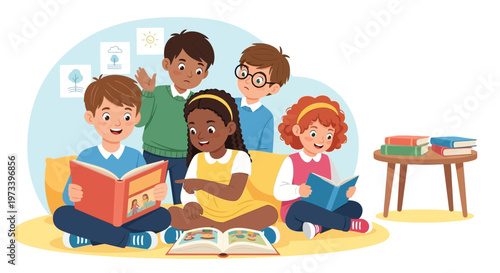 Diverse group of children reading books together happily 5.