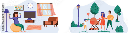 Modern family life balancing work and leisure in indoor and outdoor settings