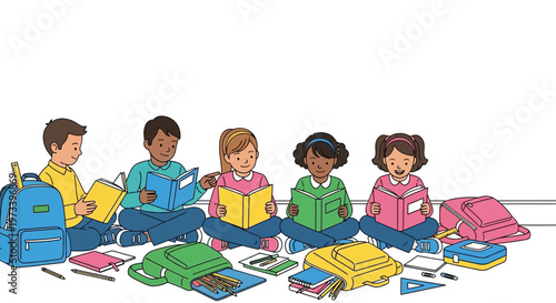 Diverse group of children reading books together happily 6.