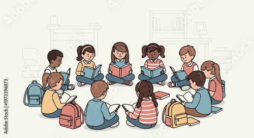Diverse group of children reading books together in a circle.