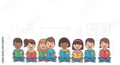 Diverse group of children reading books together happily.