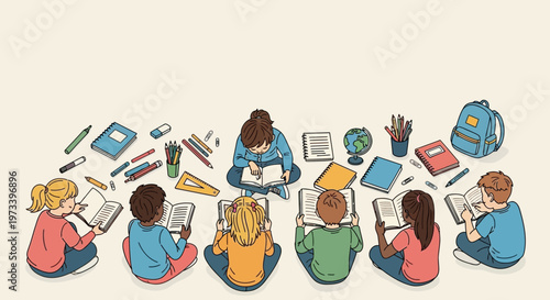 Diverse group of children reading books together in a classroom setting 1.