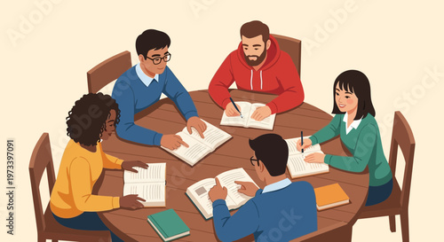 Diverse group of people collaborating around a table.