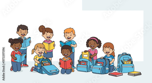 Diverse group of happy children reading books and with backpacks.