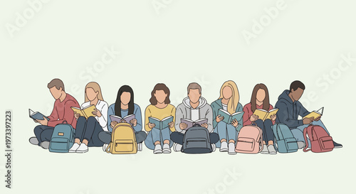 Diverse group of students sitting with backpacks reading books.