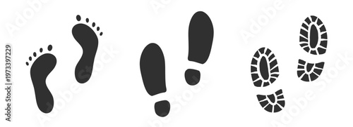 Footprint and shoe print icon set. Shoe sole imprint, silhouette. Human footprints, black foot shape. Traces of human shoes