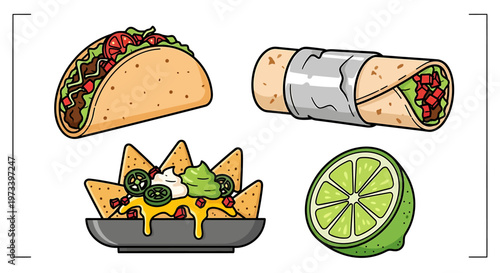 Tacos and burrito with nachos lime.