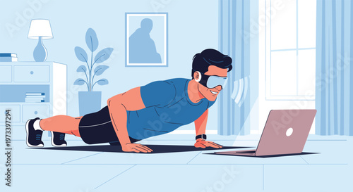 Athletic man doing pushups at home using virtual reality glasses and laptop for immersive fitness training experience.