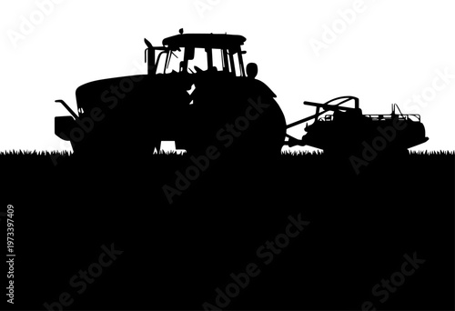 Black Silhouette of a Farm Tractor with Tillage Equipment Working in a Field Isolated on White Background