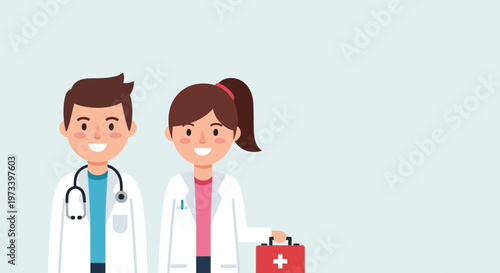 Two Smiling Doctors Wearing Lab Coats and Stethoscopes Ready to Help.