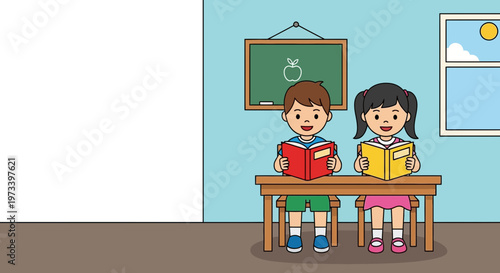 Two young students reading books at a classroom desk.