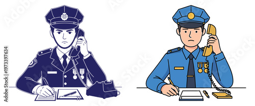 Police officer on duty talking on telephone while writing notes in blue outline and colored flat vector illustration.