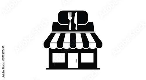 A black silhouette of a restaurant facade with dining utensils displayed above it silhouette