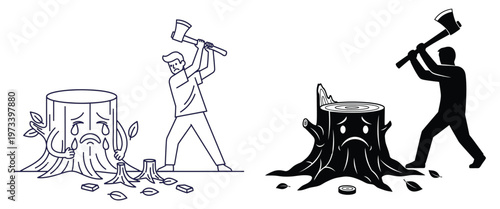 Man with axe chopping sad crying tree stump, deforestation concept, nature destruction, environmental damage.