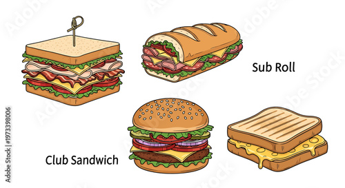 Variety of sandwiches on a table.