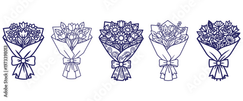 Set of floral bouquet vector illustrations featuring various flower arrangements with ribbons and wrapping paper designs.
