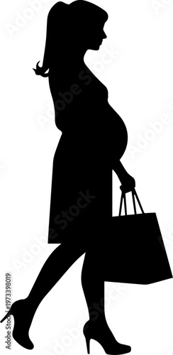 Black Silhouette of Pregnant Woman Walking while Carrying a Shopping Bag