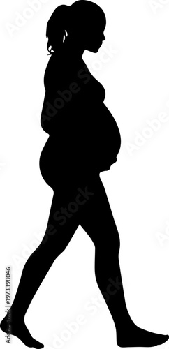 Silhouette of a Pregnant Woman Walking in Profile View Black and White Vector Illustration
