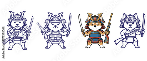 Samurai shiba inu dog characters wearing traditional armor and holding katana swords or rifles in cute cartoon style set.