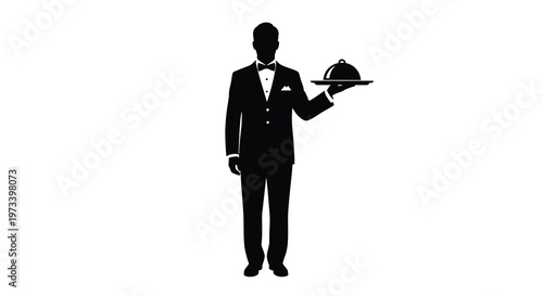 A formally dressed waiter presents a covered dish shown in stark silhouette