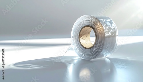 A roll of clear, adhesive tape rests on a reflective surface. Bright lighting creates highlights and shadows, emphasizing the transparency