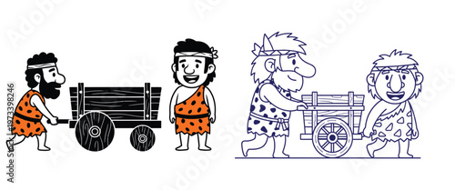 Two sets of cavemen with primitive wooden carts vector illustrations, one in color and other in outline.