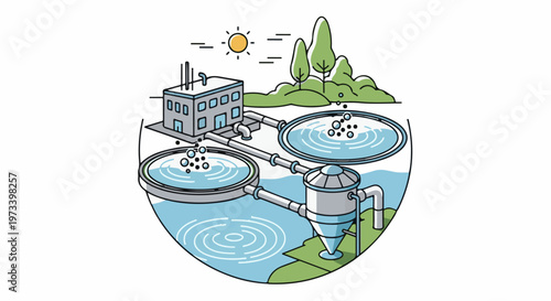 Illustration of a water treatment facility with a factory, ponds, and pipes under a sunny sky