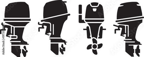 Outboard Boat Motor Silhouette Set Vector Illustration