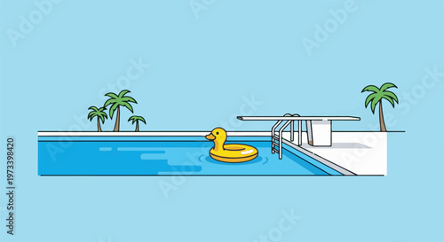A bright yellow rubber duck floats in a blue swimming pool beside palm trees and a diving board