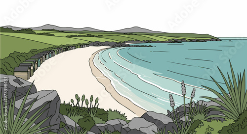 A serene beach scene with rows of colorful huts and rolling green hills