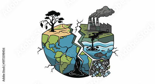 Cracked planet halves showing lush nature versus industrial pollution and waste