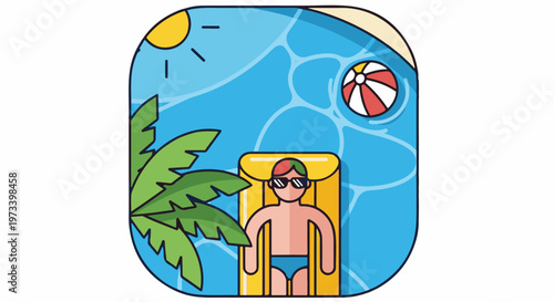 Person relaxes on a yellow float in blue water with a beach ball and palm tree