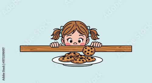 A child with pigtails peeks over a wooden surface at a plate of chocolate chip cookies