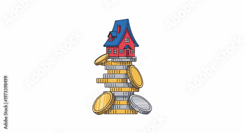 Red house with blue roof sits atop a tall stack of gold and silver coins