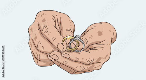 Two rings, a gold band and a diamond-accented silver band, are held carefully in cupped hands