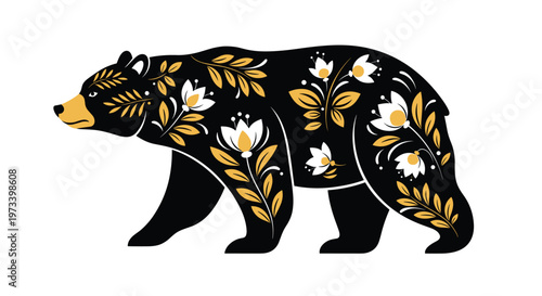 Stylized black bear silhouette decorated with ornate golden and white floral folk art patterns on white background.