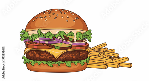 A stacked burger with cheese, lettuce, tomato, onion, pickles, and a side of fries