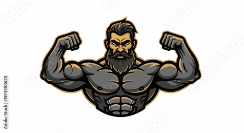 Muscular man with beard flexes arms, showing power and strength