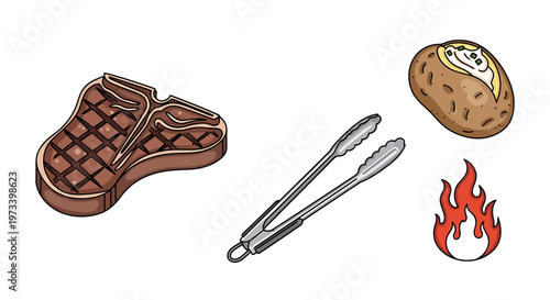 Steak and tongs with potato flame.