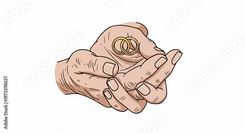 Cupped hands offer two intertwined gold rings, symbolizing union and commitment