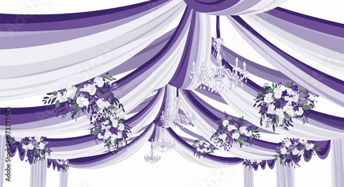 Draped purple and white fabric ceiling with chandeliers and floral arrangements