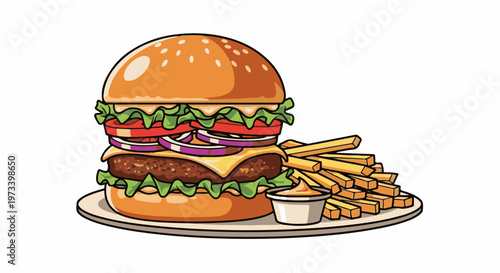 A classic burger with lettuce, tomato, onion, cheese, and a side of fries with dipping sauce