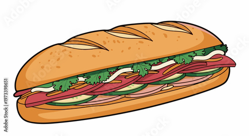 A colorful illustration of a sub sandwich filled with meat, vegetables, and herbs on a crusty baguette
