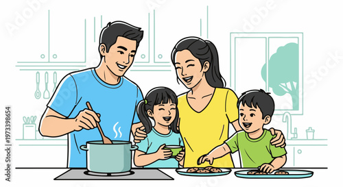 A smiling family of four enjoys cooking together in a brightly lit kitchen