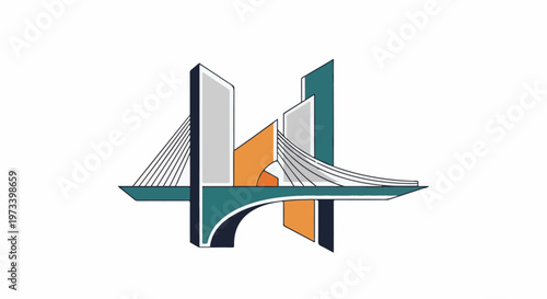 Modern abstract representation of a suspension bridge with geometric shapes and vibrant colors