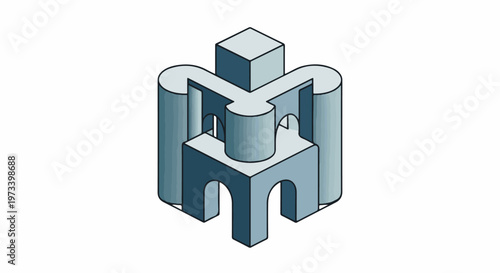 Isometric illustration of a futuristic abstract geometric sculpture with cylindrical and cubic elements