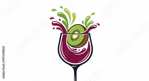 Vibrant kiwi splashing into a glass of deep red liquid with green accents